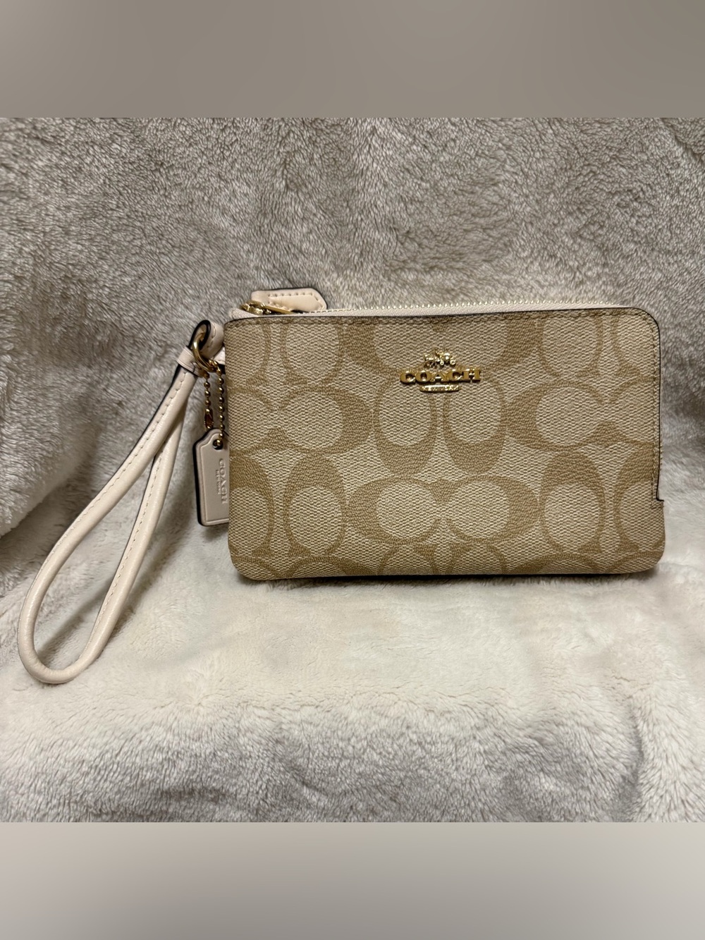 Coach Beige Signature Canvas Wristlet with Gold Hardware